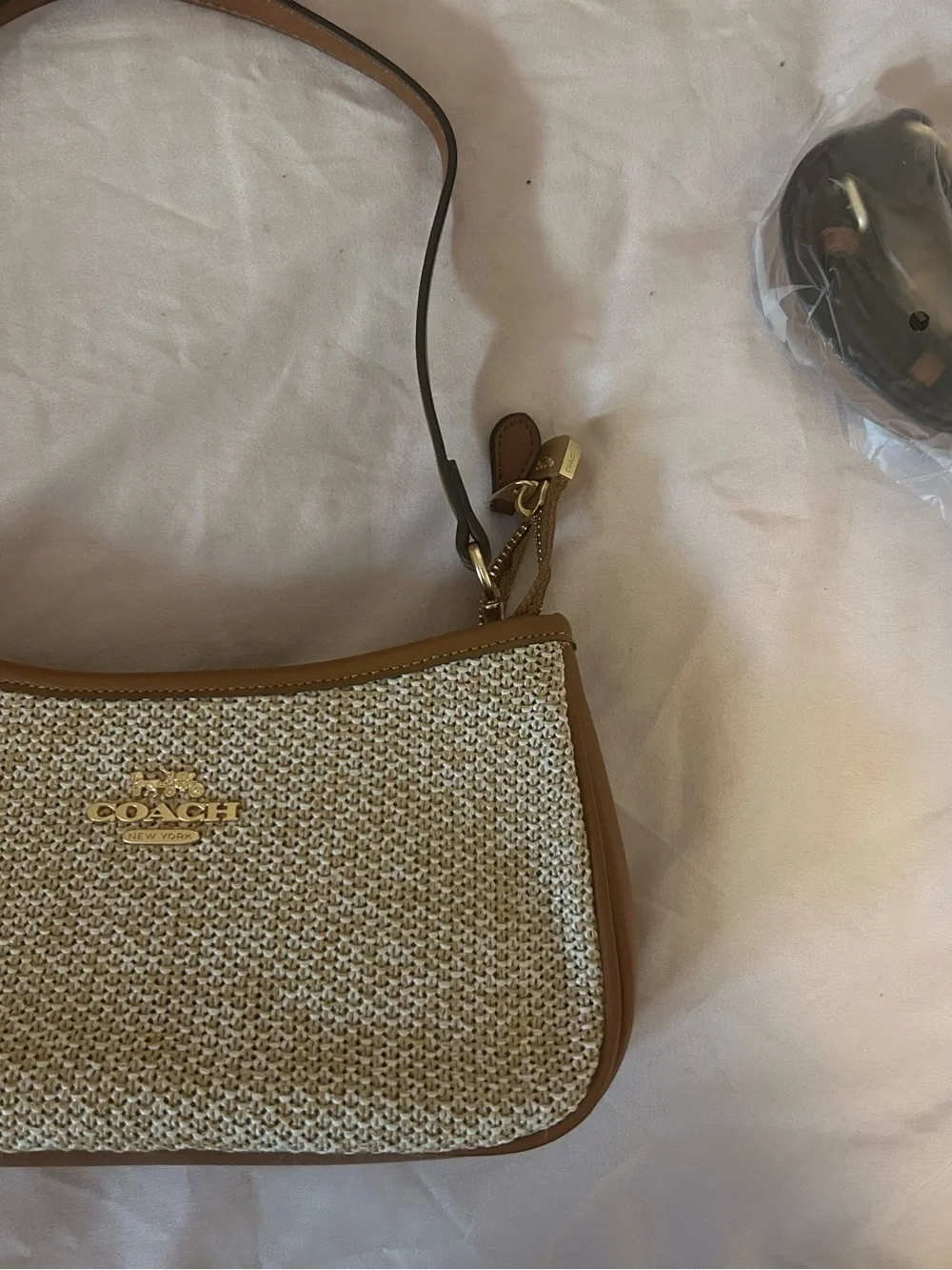 Coach Woven Straw Shoulder Bag with Tan Trim